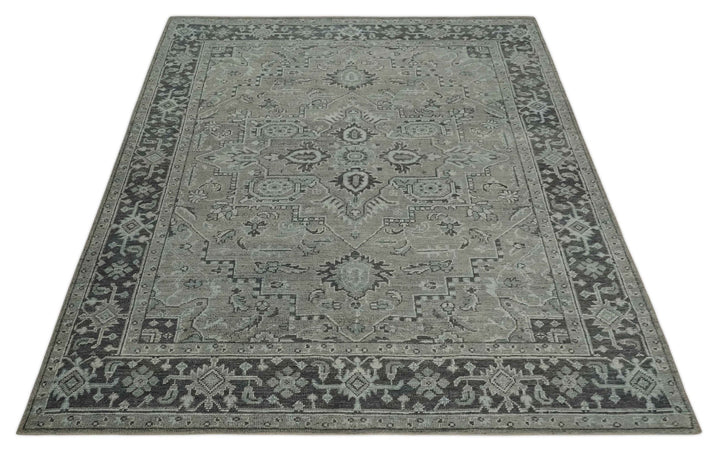 Vintage Distressed 3X5, 4X6, 5x8, 6x9, 8x10, 9x12 Hand Knotted Heriz Serapi Taupe and Ivory Traditional Antique Persian Area Rug | TRD2781 - The Rug Decor