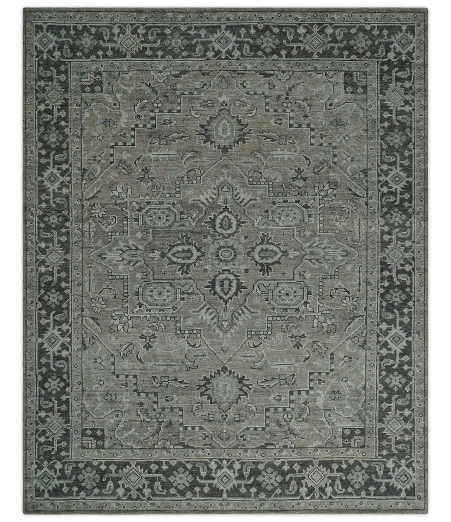 Vintage Distressed 3X5, 4X6, 5x8, 6x9, 8x10, 9x12 Hand Knotted Heriz Serapi Taupe and Ivory Traditional Antique Persian Area Rug | TRD2781 - The Rug Decor