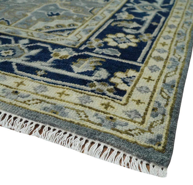 Vintage Distressed 8x10 Hand Knotted Heriz Serapi Gray, Beige and Blue Traditional Antique Persian Area Rug | TRDCP1370810 - The Rug Decor