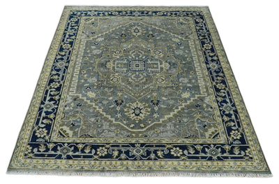 Vintage Distressed 8x10 Hand Knotted Heriz Serapi Gray, Beige and Blue Traditional Antique Persian Area Rug | TRDCP1370810 - The Rug Decor