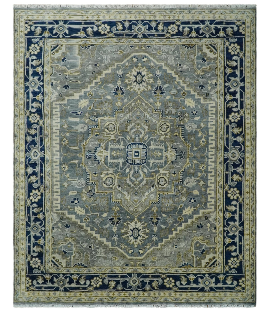 Vintage Distressed 8x10 Hand Knotted Heriz Serapi Gray, Beige and Blue Traditional Antique Persian Area Rug | TRDCP1370810 - The Rug Decor
