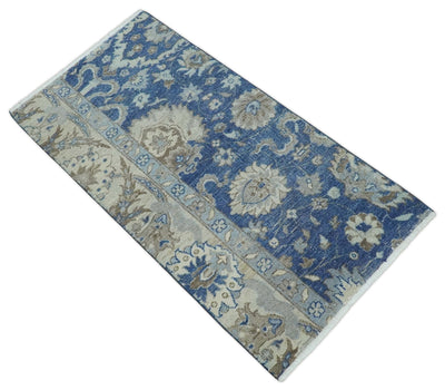 Vintage Hand Knotted 2x4 Blue, Ivory and Gray Traditional Oxidized Textured Persian Low Pile Wool Rug | N3424 - The Rug Decor