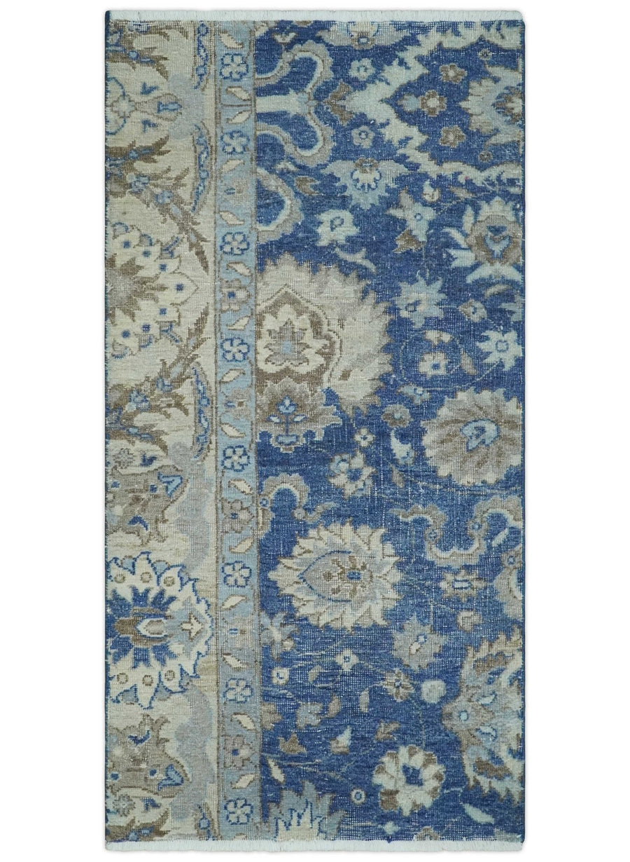 Vintage Hand Knotted 2x4 Blue, Ivory and Gray Traditional Oxidized Textured Persian Low Pile Wool Rug | N3424 - The Rug Decor