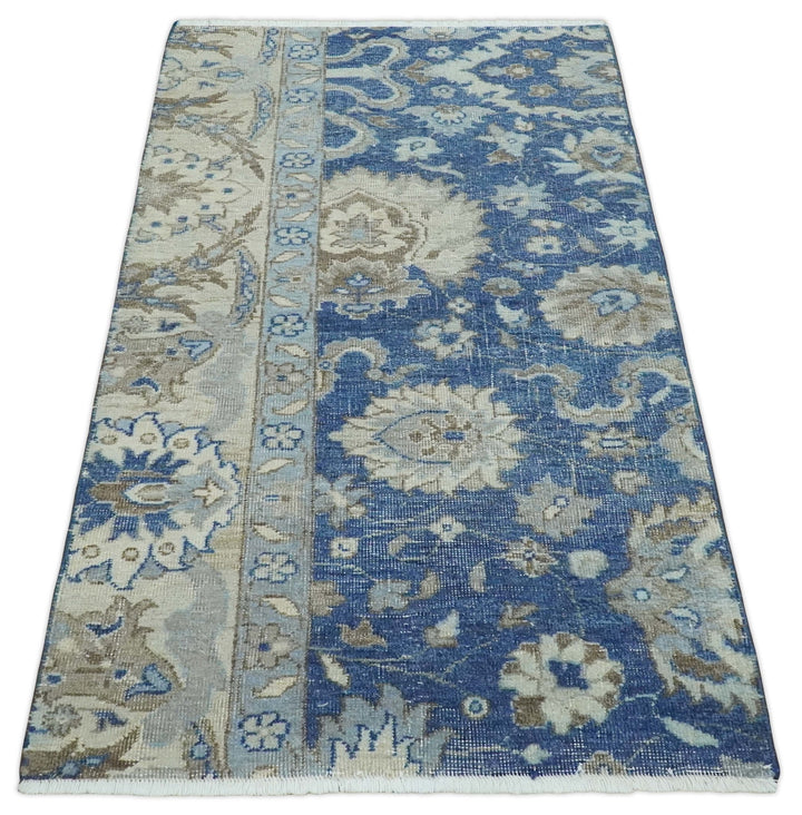 Vintage Hand Knotted 2x4 Blue, Ivory and Gray Traditional Oxidized Textured Persian Low Pile Wool Rug | N3424 - The Rug Decor