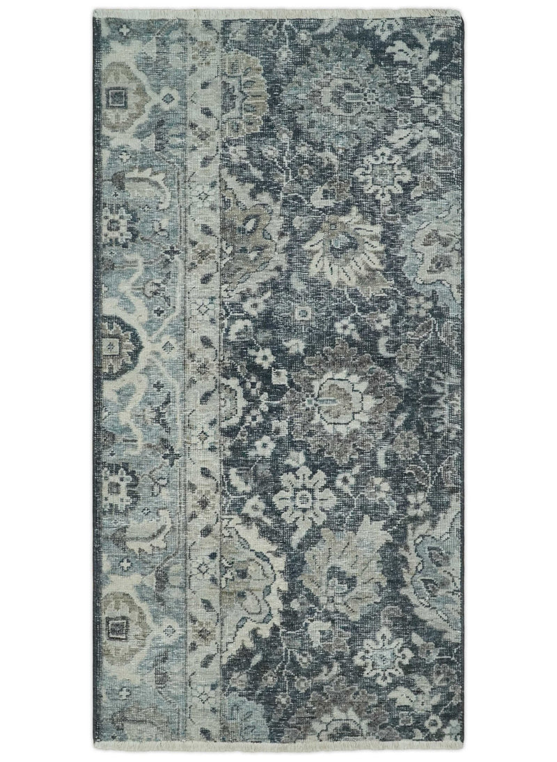 Vintage Hand Knotted 2x4 Charcoal, Ivory and Gray Traditional Oxidized Textured Persian Low Pile Wool Rug | N3824 - The Rug Decor