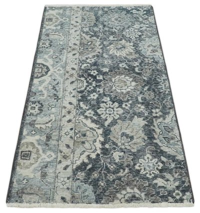 Vintage Hand Knotted 2x4 Charcoal, Ivory and Gray Traditional Oxidized Textured Persian Low Pile Wool Rug | N3824 - The Rug Decor