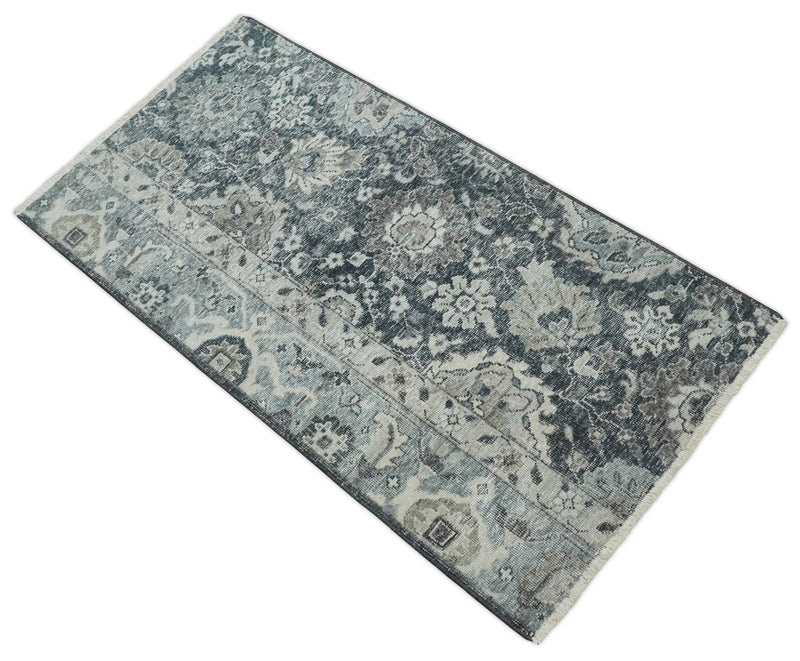 Vintage Hand Knotted 2x4 Charcoal, Ivory and Gray Traditional Oxidized Textured Persian Low Pile Wool Rug | N3824 - The Rug Decor