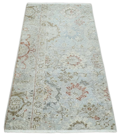 Vintage Hand Knotted 2x4 Gray, Beige, Rust, Blue and Olive Traditional Oxidized Textured Persian Low Pile Wool Rug | N1724 - The Rug Decor