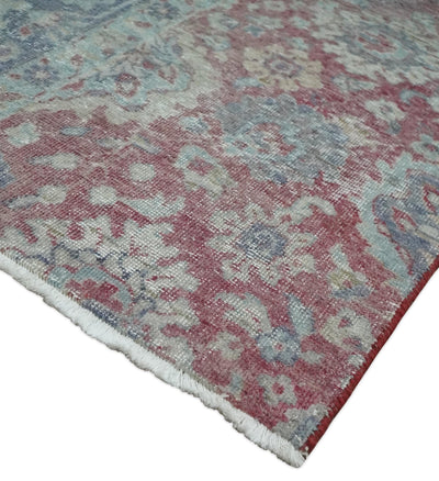 Vintage Hand Knotted 2x4 Maroon and Blue Traditional Oxidized Textured Persian Low Pile Wool Rug| N1824 - The Rug Decor
