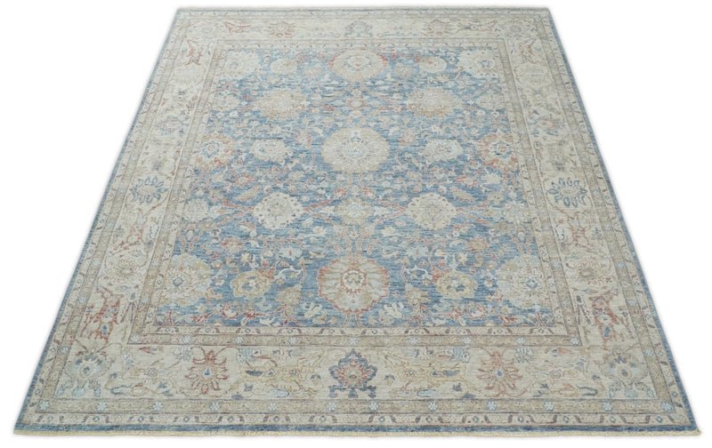 Vintage Hand Knotted 8x10 Blue and Beige Traditional Oxidized Textured Persian Low Pile Wool Rug | TRD2600810 - The Rug Decor