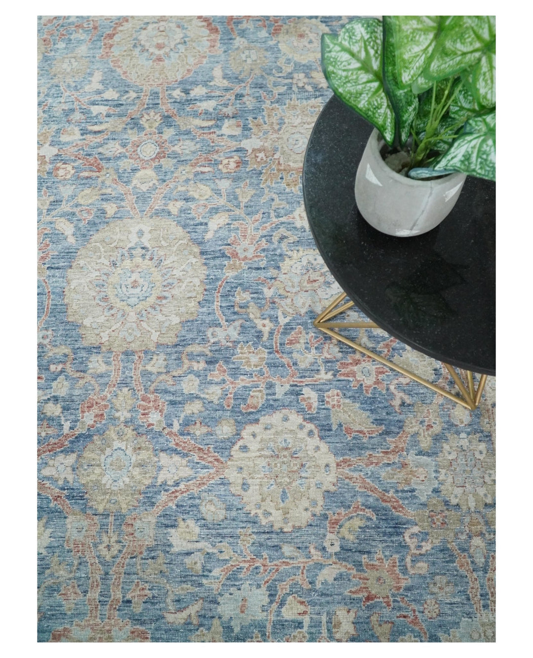 Vintage Hand Knotted 8x10 Blue and Beige Traditional Oxidized Textured Persian Low Pile Wool Rug | TRD2600810 - The Rug Decor