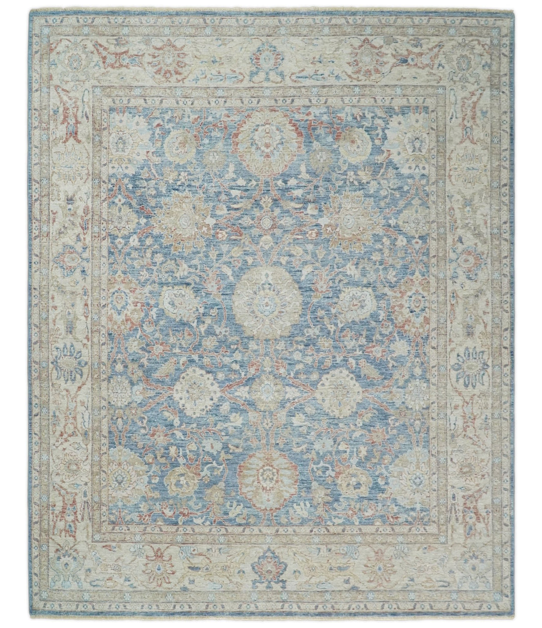 Vintage Hand Knotted 8x10 Blue and Beige Traditional Oxidized Textured Persian Low Pile Wool Rug | TRD2600810 - The Rug Decor