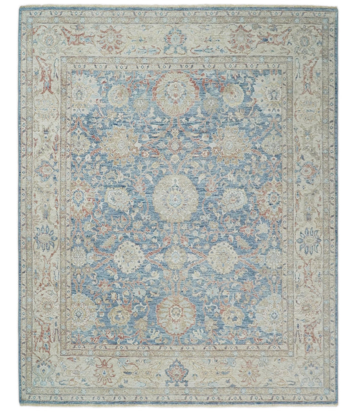Vintage Hand Knotted 8x10 Blue and Beige Traditional Oxidized Textured Persian Low Pile Wool Rug | TRD2600810 - The Rug Decor