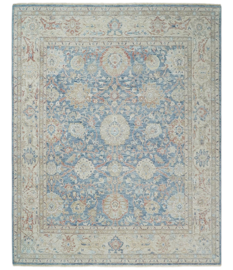 Vintage Hand Knotted 8x10 Blue and Beige Traditional Oxidized Textured Persian Low Pile Wool Rug | TRD2600810 - The Rug Decor