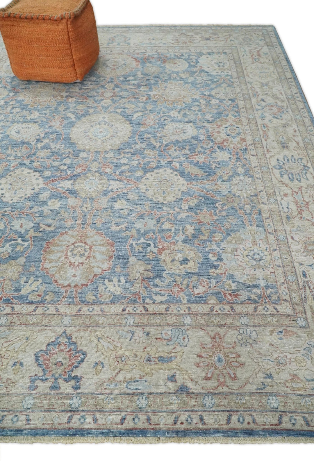 Vintage Hand Knotted 8x10 Blue and Beige Traditional Oxidized Textured Persian Low Pile Wool Rug | TRD2600810 - The Rug Decor