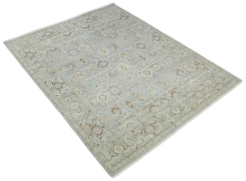 Vintage Hand Knotted 8x10 Silver and Beige Traditional Oxidized Textured Low Pile Wool Rug | TRD2207810 - The Rug Decor