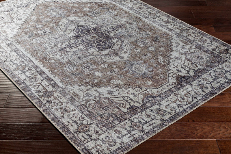 Vintage Look Brown, Ivory and Dark Purple Heriz Medallion Design Washable Area Rug - The Rug Decor