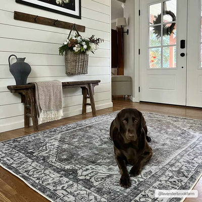 Vintage Look Brown, Ivory and Dark Purple Heriz Medallion Design Washable Area Rug - The Rug Decor