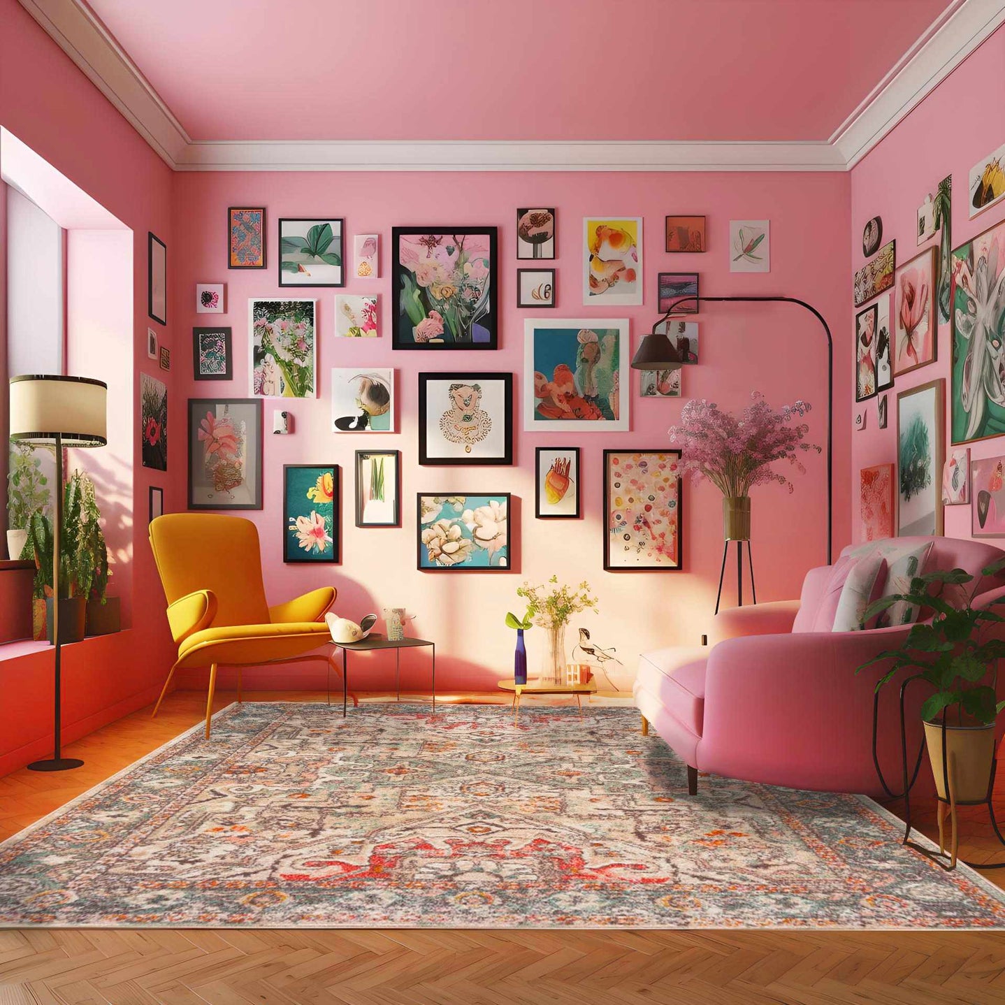 Vintage Look Green, Beige, Silver and Pink Machine Woven Area Rug - The Rug Decor