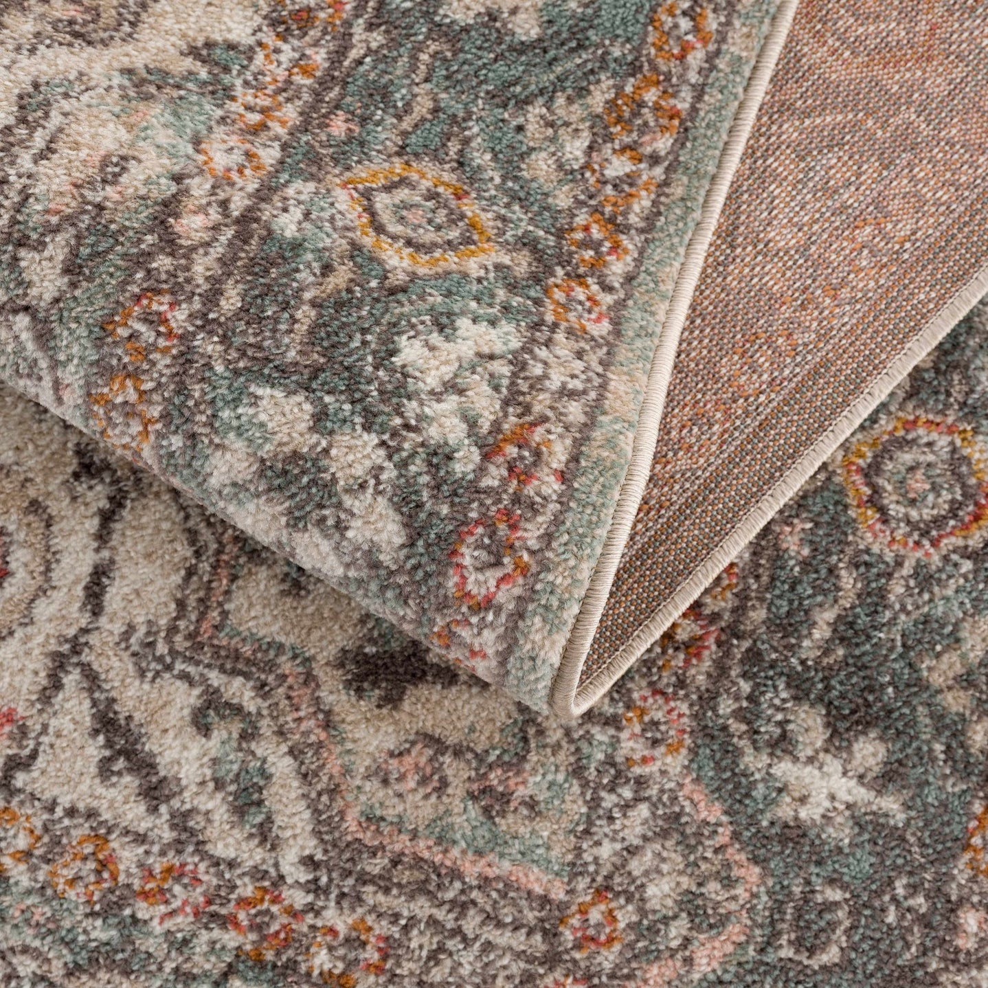 Vintage Look Green, Beige, Silver and Pink Machine Woven Area Rug - The Rug Decor