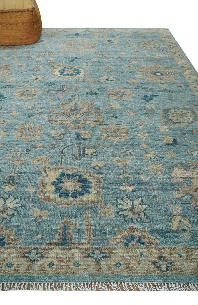 Vintage look Light Blue and Brown Hand knotted Oushak 8x10 wool Area Rug - The Rug Decor