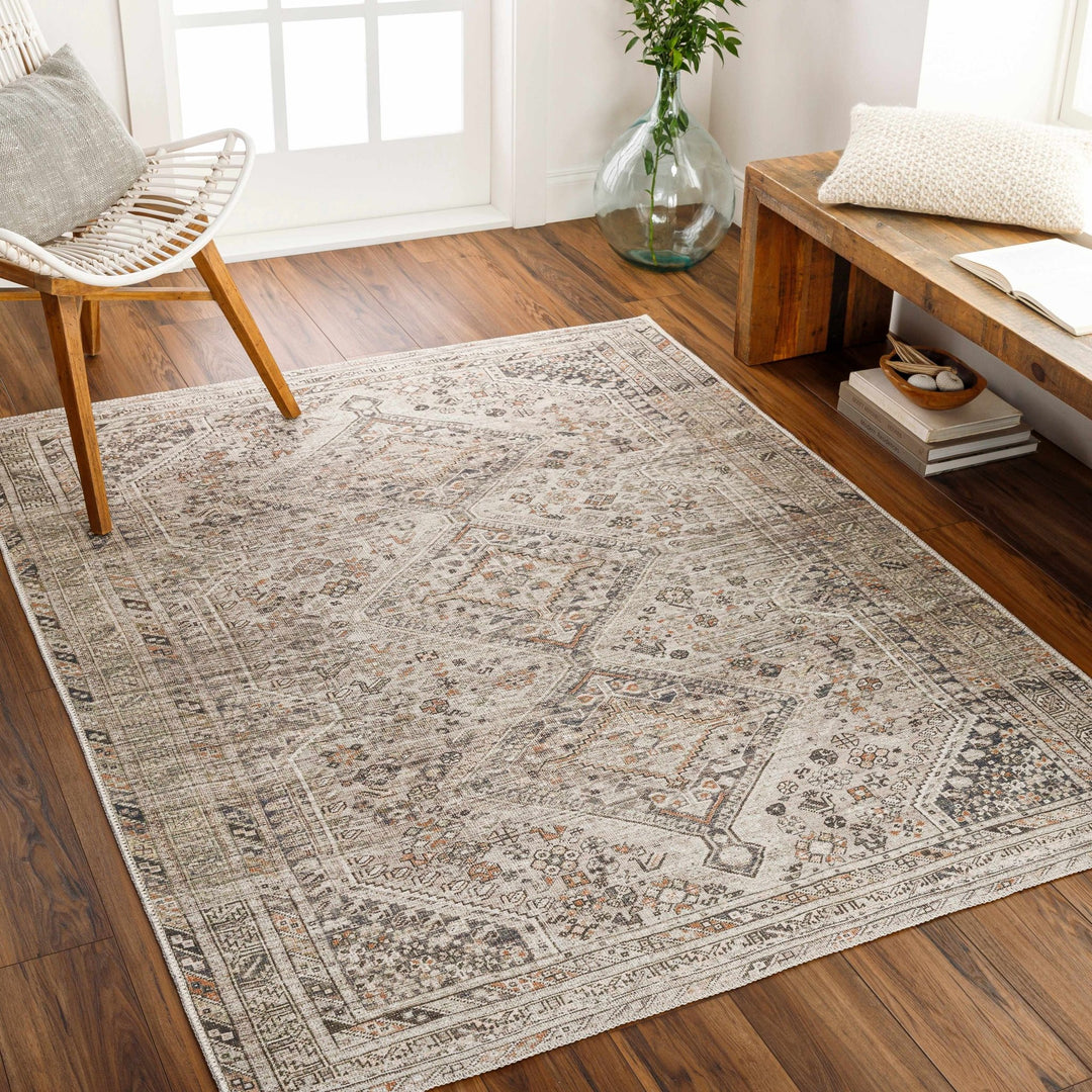 Vintage Style Beige, Charcoal, Rust and Green Turkish Design Washable Area Rug - The Rug Decor
