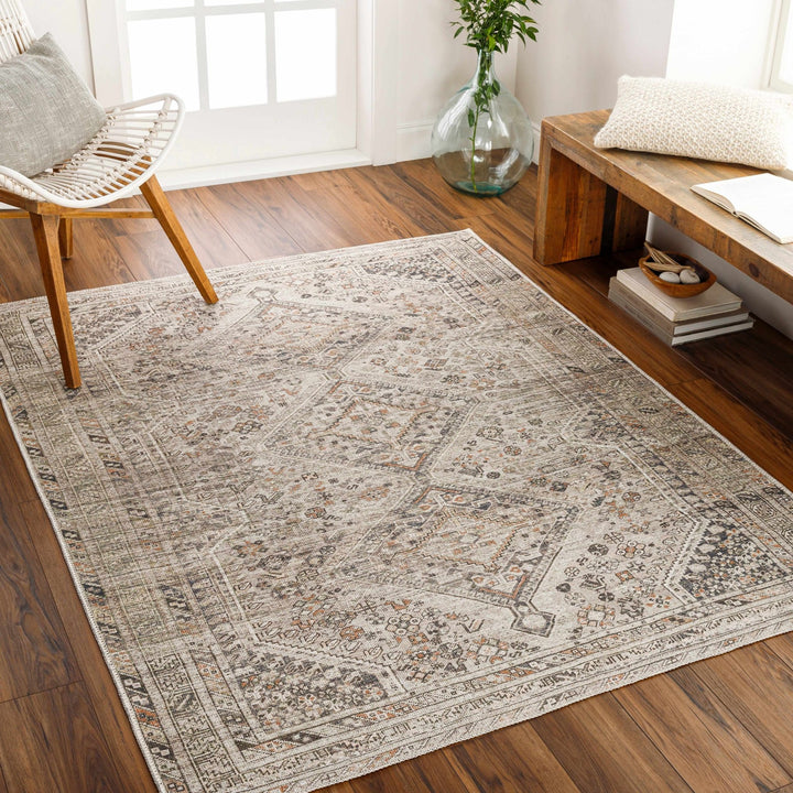 Vintage Style Beige, Charcoal, Rust and Green Turkish Design Washable Area Rug - The Rug Decor