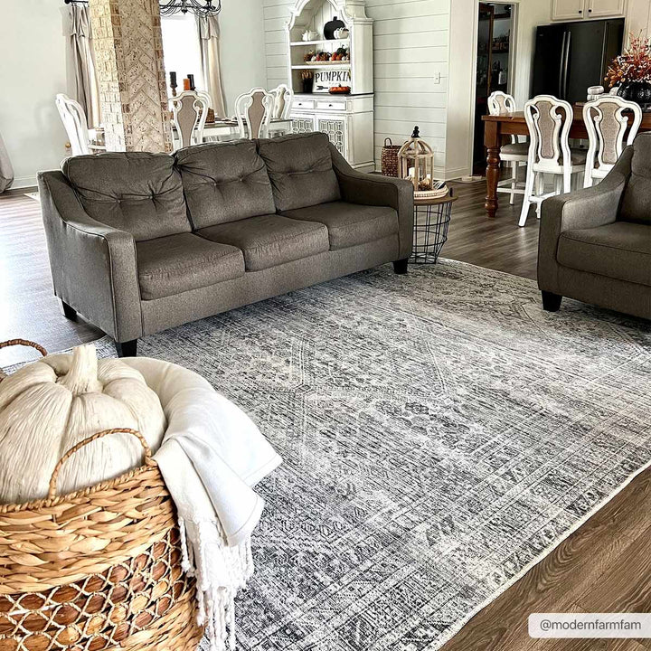 Vintage Style Beige, Charcoal, Rust and Green Turkish Design Washable Area Rug - The Rug Decor