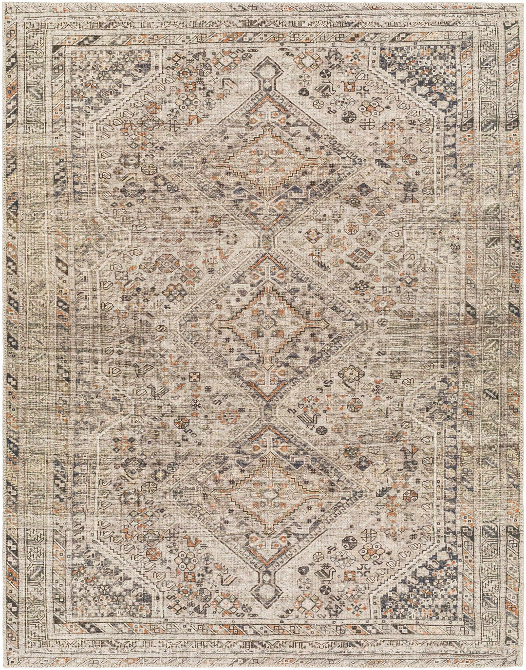 Vintage Style Beige, Charcoal, Rust and Green Turkish Design Washable Area Rug - The Rug Decor