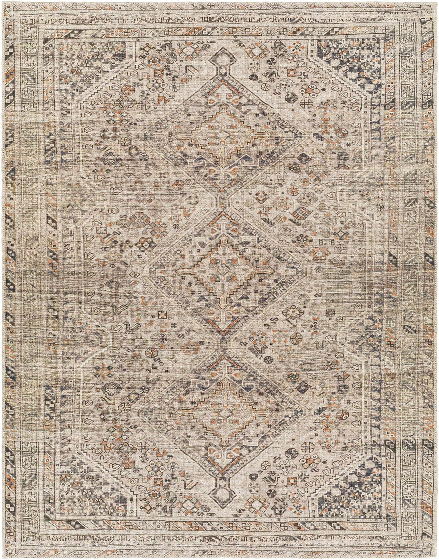 Vintage Style Beige, Charcoal, Rust and Green Turkish Design Washable Area Rug - The Rug Decor