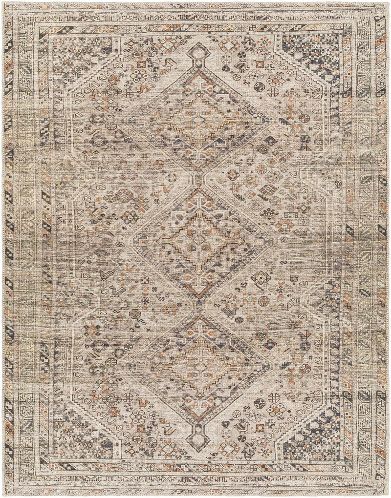 Vintage Style Beige, Charcoal, Rust and Green Turkish Design Washable Area Rug - The Rug Decor