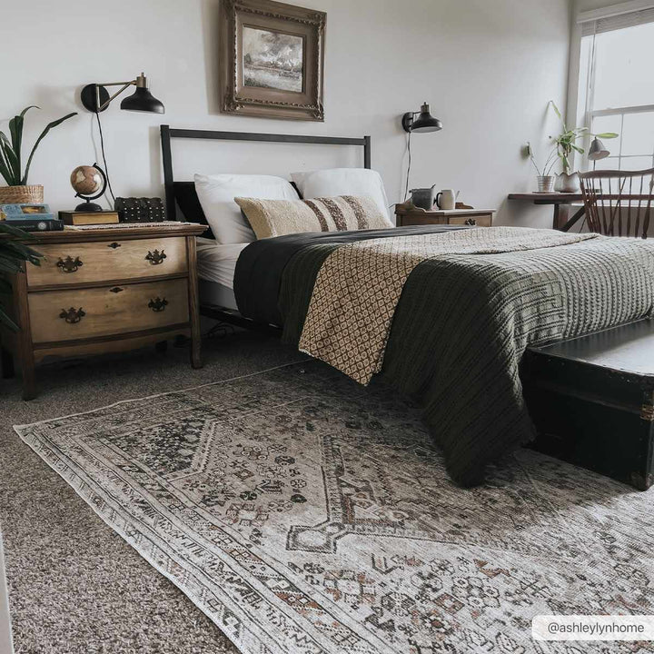 Vintage Style Beige, Charcoal, Rust and Green Turkish Design Washable Area Rug - The Rug Decor