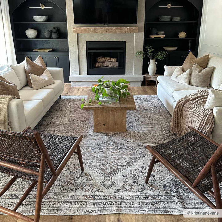 Vintage Style Beige, Charcoal, Rust and Green Turkish Design Washable Area Rug - The Rug Decor