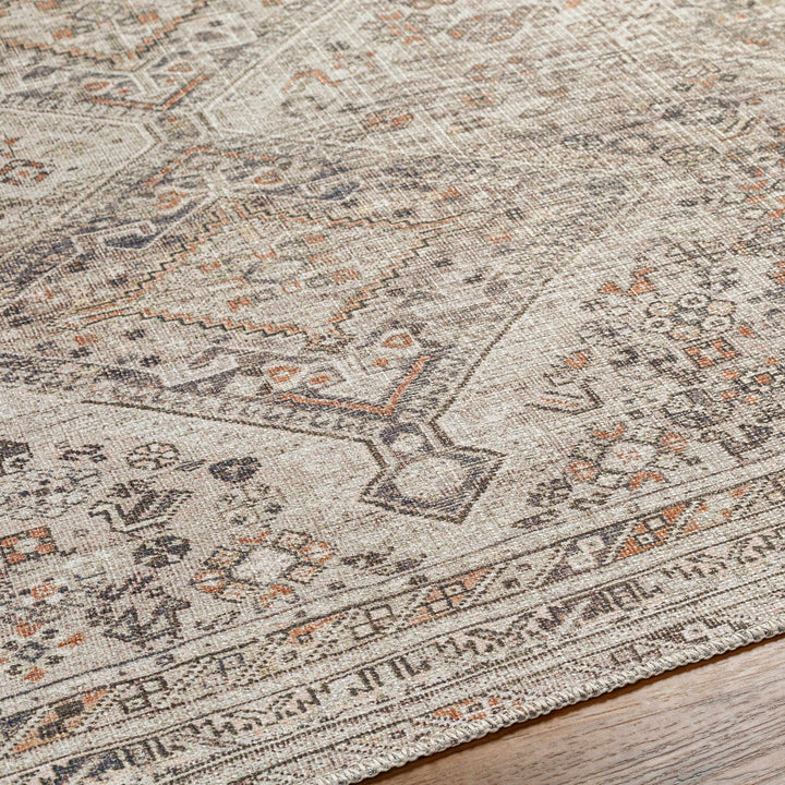 Vintage Style Beige, Charcoal, Rust and Green Turkish Design Washable Area Rug - The Rug Decor