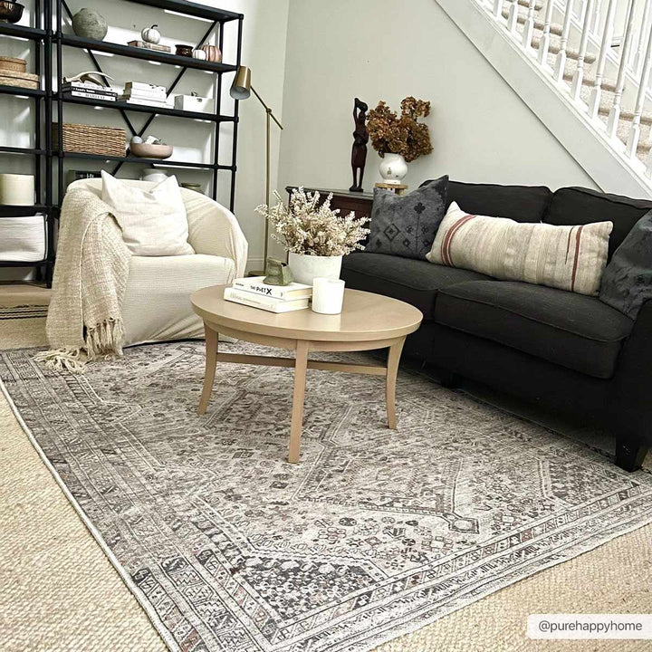 Vintage Style Beige, Charcoal, Rust and Green Turkish Design Washable Area Rug - The Rug Decor