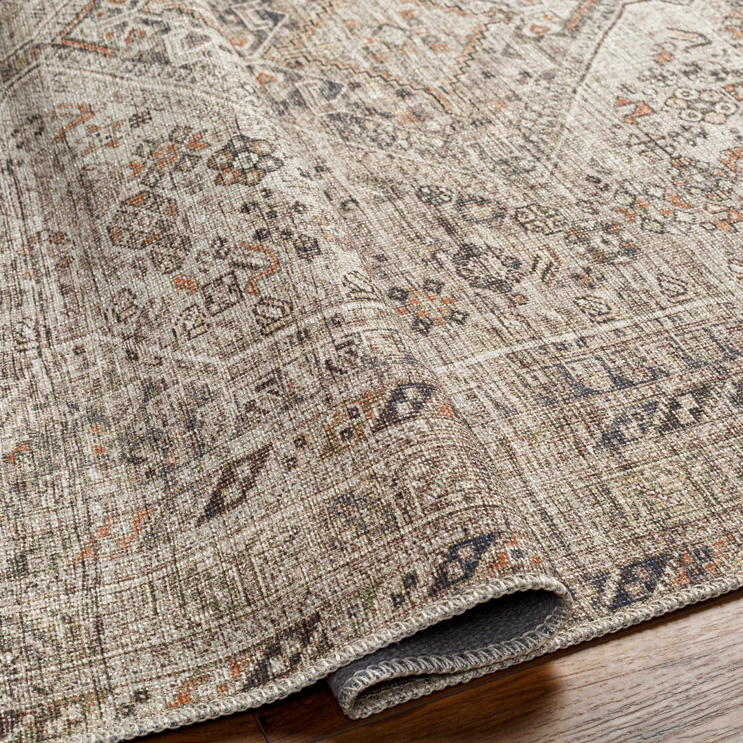 Vintage Style Beige, Charcoal, Rust and Green Turkish Design Washable Area Rug - The Rug Decor