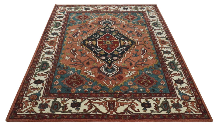 Vintage Style Black, Rust, Teal and Ivory Hand Tufted 8x10 Traditional wool Area Rug - The Rug Decor