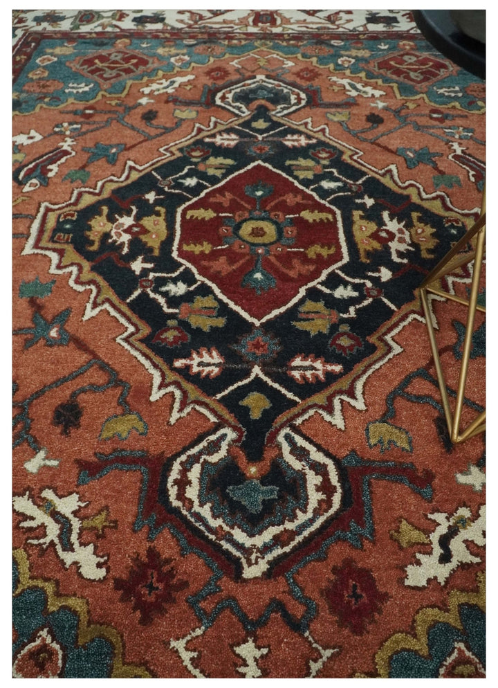 Vintage Style Black, Rust, Teal and Ivory Hand Tufted 8x10 Traditional wool Area Rug - The Rug Decor