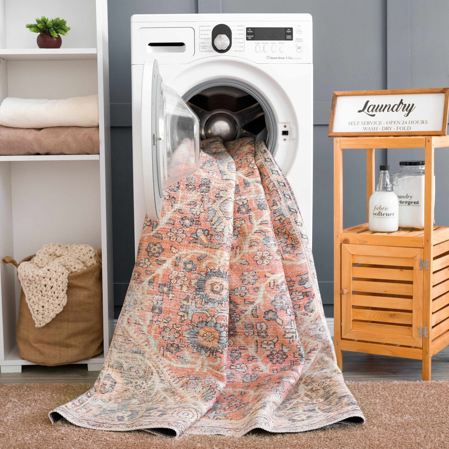 Vintage Style Dark Peach, Purple and Beige Traditional Design Washable Area Rug - The Rug Decor