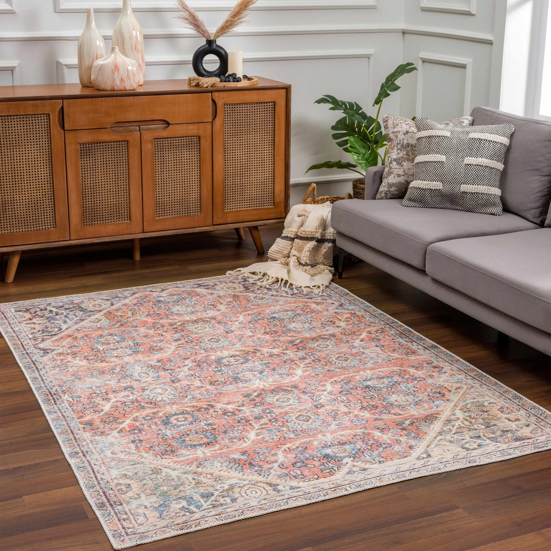 Vintage Style Dark Peach, Purple and Beige Traditional Design Washable Area Rug - The Rug Decor