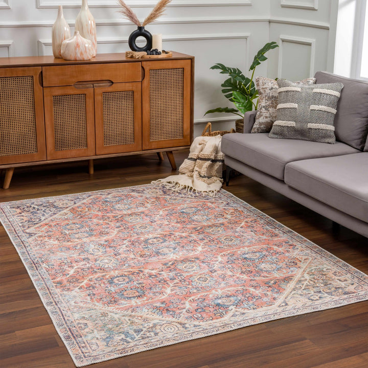 Vintage Style Dark Peach, Purple and Beige Traditional Design Washable Area Rug - The Rug Decor