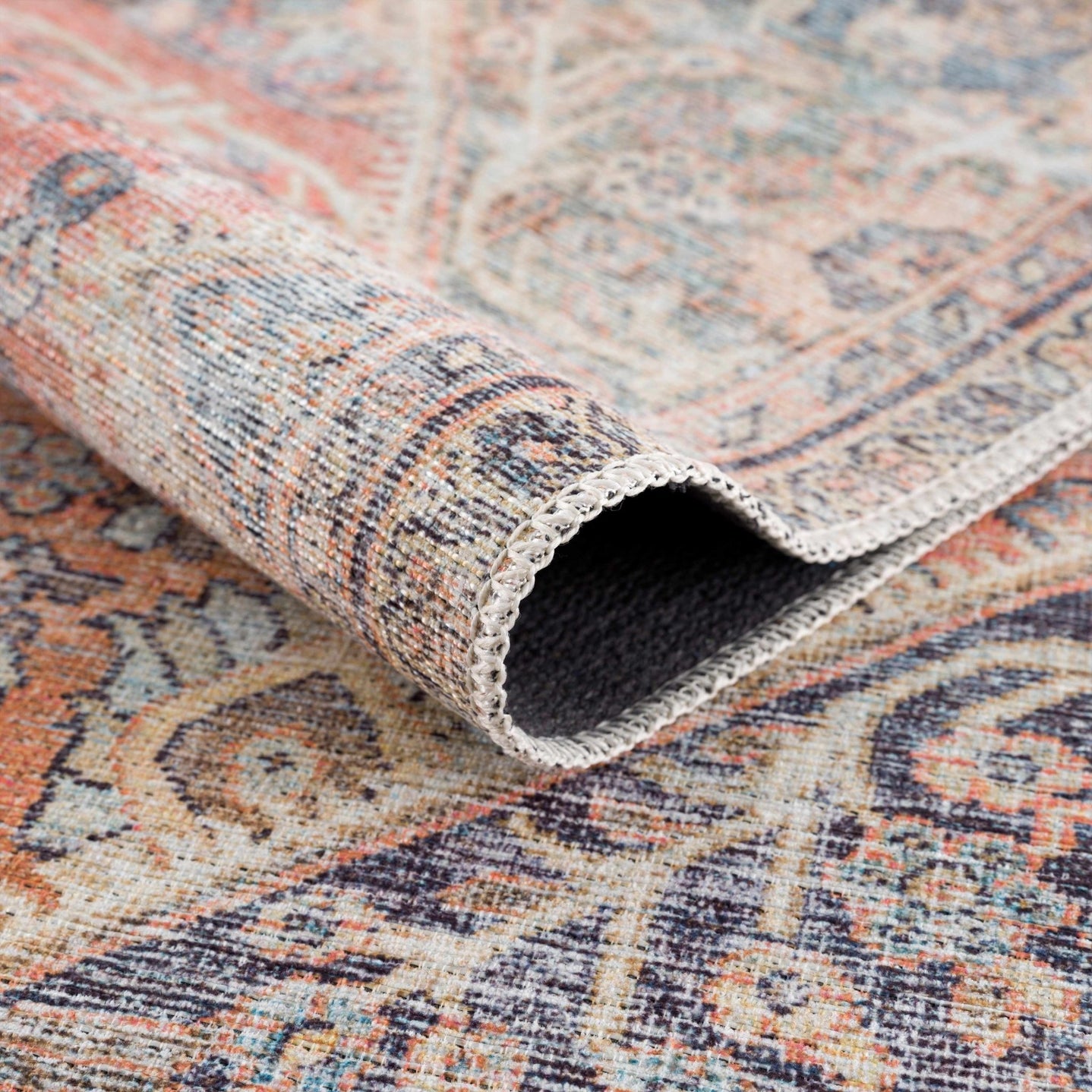 Vintage Style Dark Peach, Purple and Beige Traditional Design Washable Area Rug - The Rug Decor