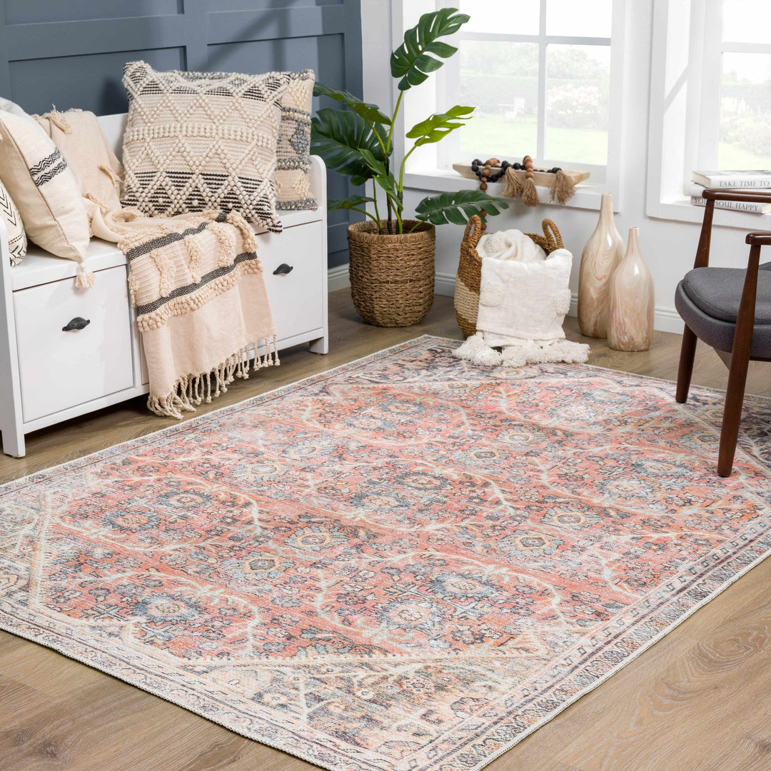 Vintage Style Dark Peach, Purple and Beige Traditional Design Washable Area Rug - The Rug Decor