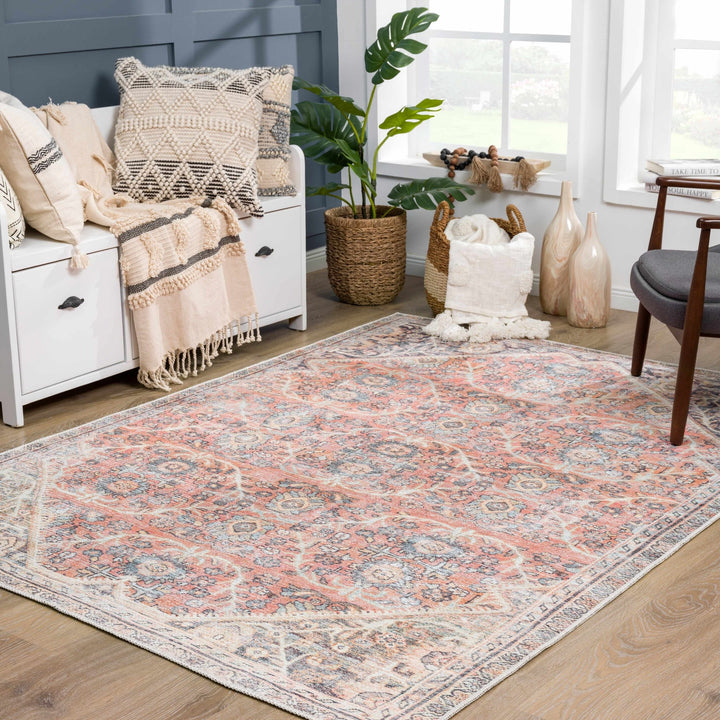 Vintage Style Dark Peach, Purple and Beige Traditional Design Washable Area Rug - The Rug Decor