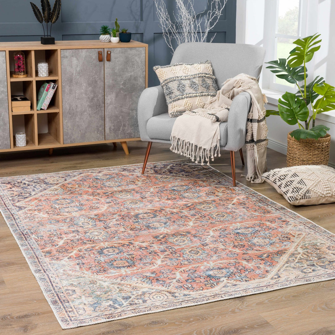 Vintage Style Dark Peach, Purple and Beige Traditional Design Washable Area Rug - The Rug Decor