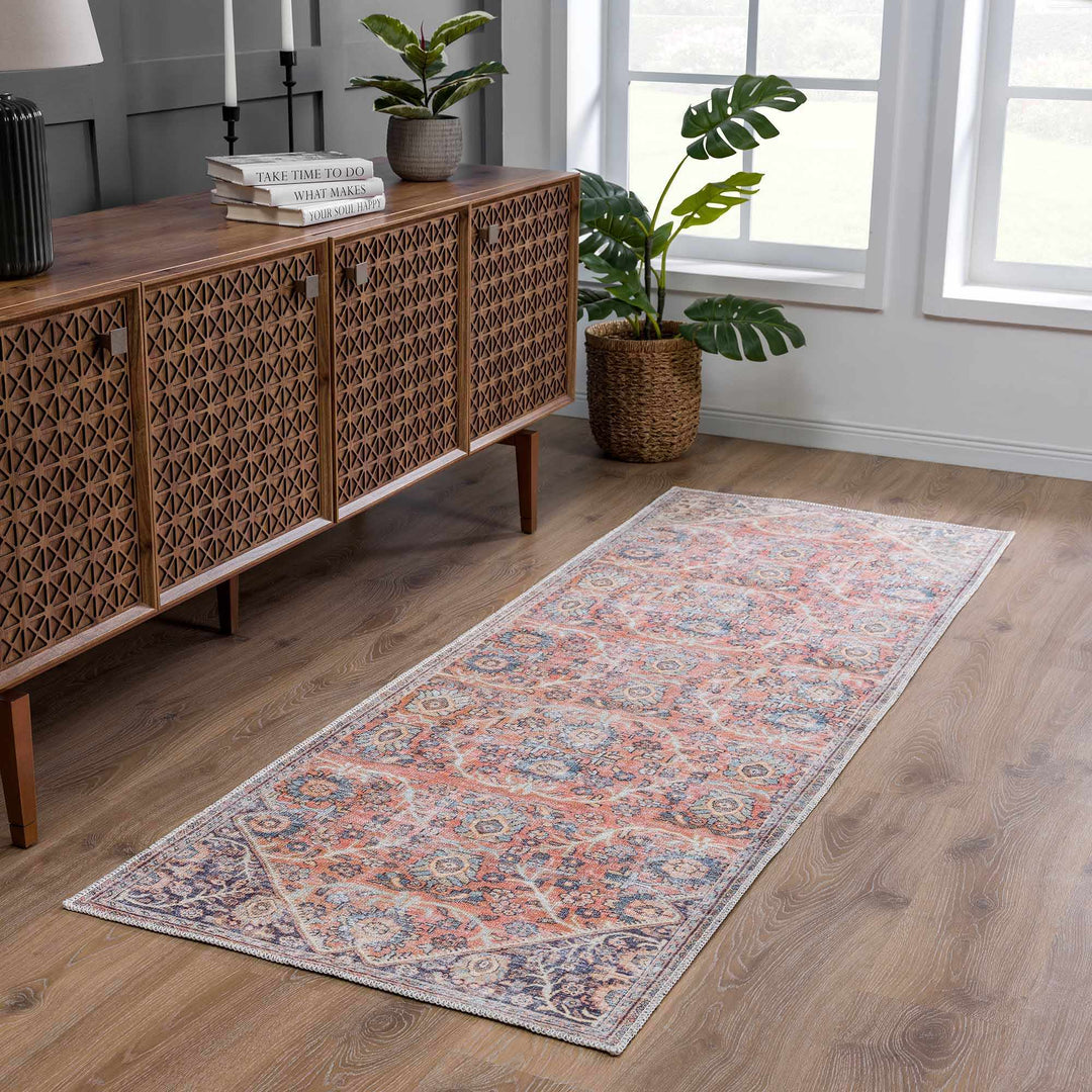 Vintage Style Dark Peach, Purple and Beige Traditional Design Washable Area Rug - The Rug Decor