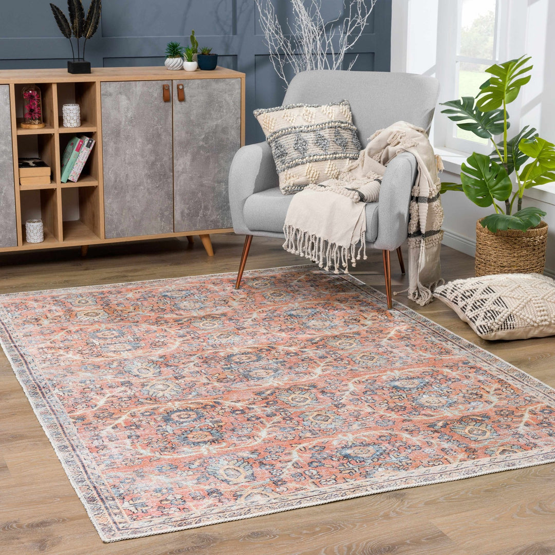 Vintage style Floral Peach, Blue and Ivory Low pile Oriental Oushak Design Area Rug - The Rug Decor