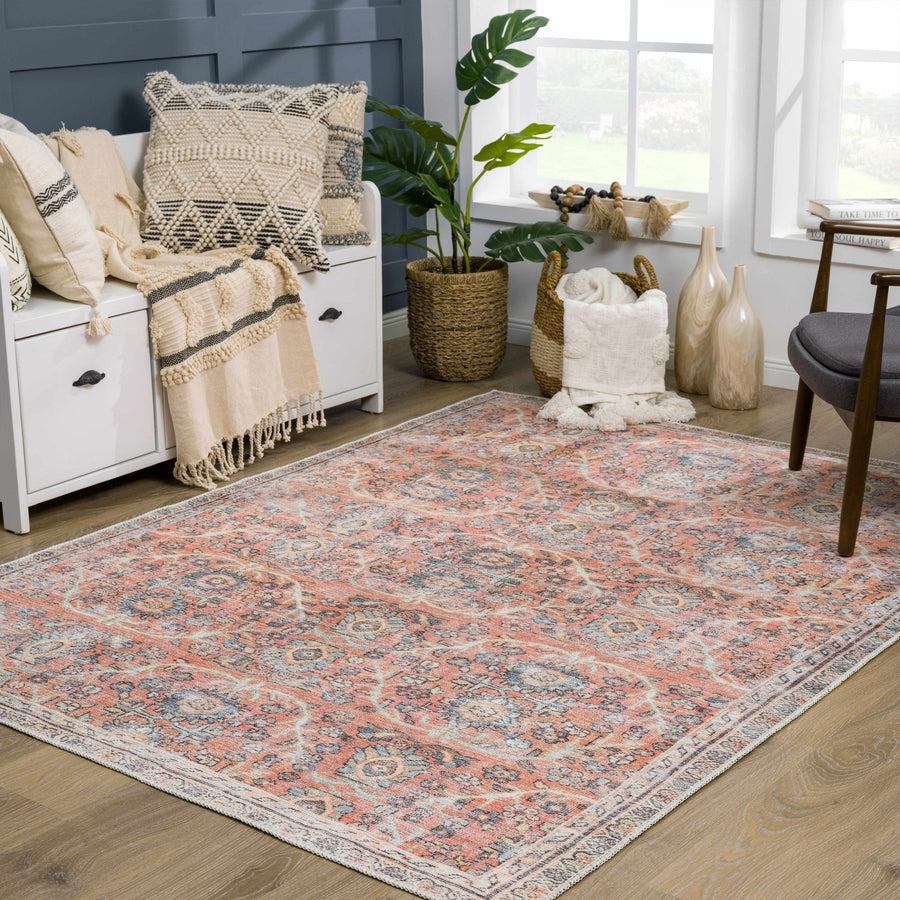Vintage style Floral Peach, Blue and Ivory Low pile Oriental Oushak Design Area Rug - The Rug Decor