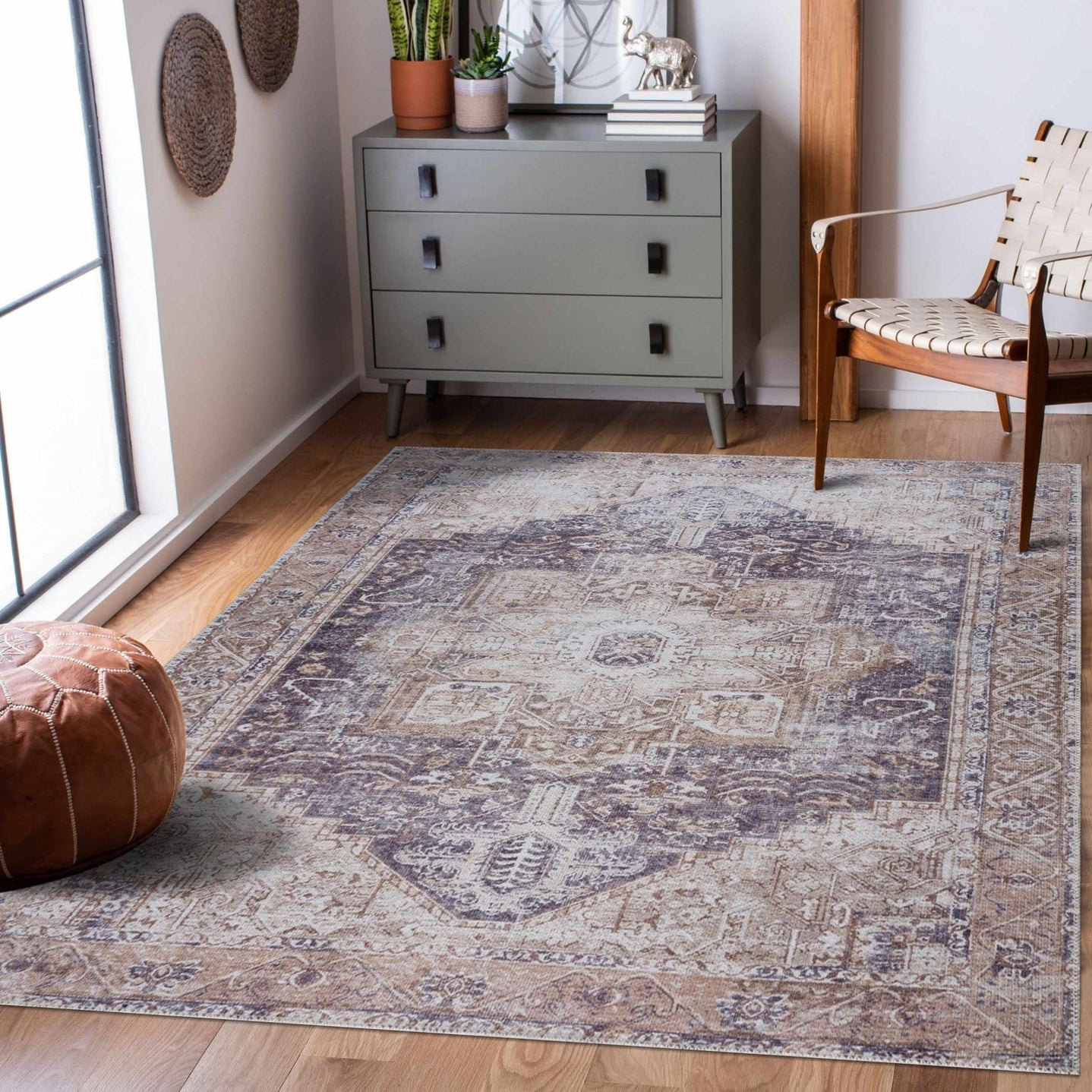 Vintage Style Ivory, Charcoal and Brown Traditional Medallion Design Machine Washable Area Rug - The Rug Decor