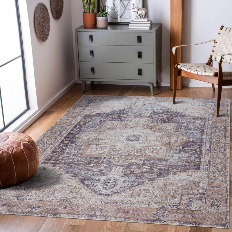 Vintage Style Ivory, Charcoal and Brown Traditional Medallion Design Machine Washable Area Rug - The Rug Decor